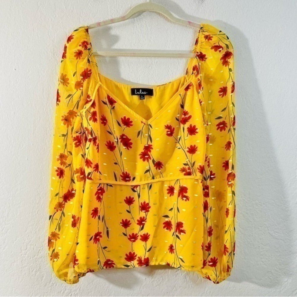 Lulu’s Floral Print V-Neck Long Sleeve Blouse Women Size Large Yellow/Red